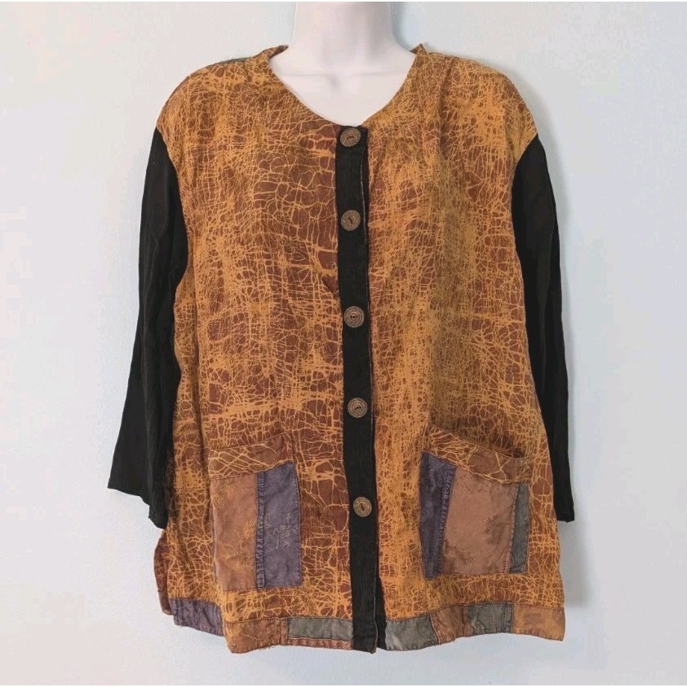 Kusnadi New York Art to Wear Bohemian Button Up Top One Size Patchwork Details